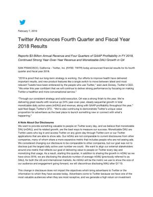 Twitter Announces Fourth Quarter and Fiscal Year 2018 Results