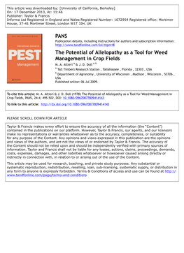 PANS the Potential of Allelopathy As a Tool for Weed Management In