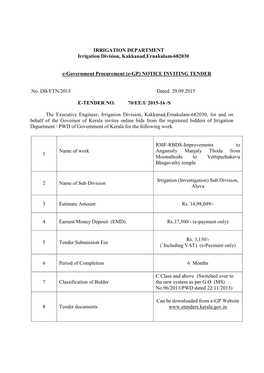 IRRIGATION DEPARTMENT Irrigation Division, Kakkanad,Ernakulam-682030