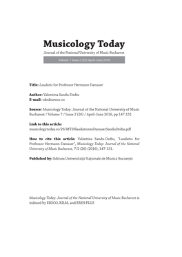 Musicology Today Journal of the National University of Music Bucharest