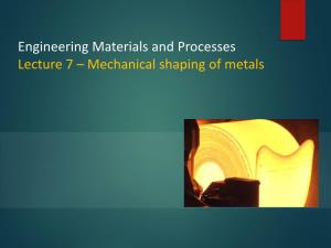 Engineering Materials and Processes Lecture 7 – Mechanical Shaping of Metals Mechanical Deformation of Metals