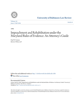 Impeachment and Rehabilitation Under the Maryland Rules of Evidence: an Attorney's Guide Paul W