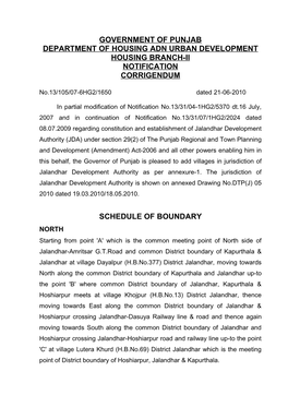 Government of Punjab Department of Housing Adn Urban Development Housing Branch-Ii Notification Corrigendum