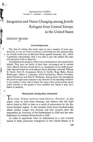 Integration and Name Changing Among Jewish Refugees from Central Europe in the United States