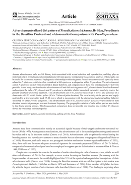 Advertisement Call and Diel Pattern of Pseudis Platensis (Anura, Hylidae, Pseudinae) in the Brazilian Pantanal and a Bioacoustical Comparison with Pseudis Paradoxa