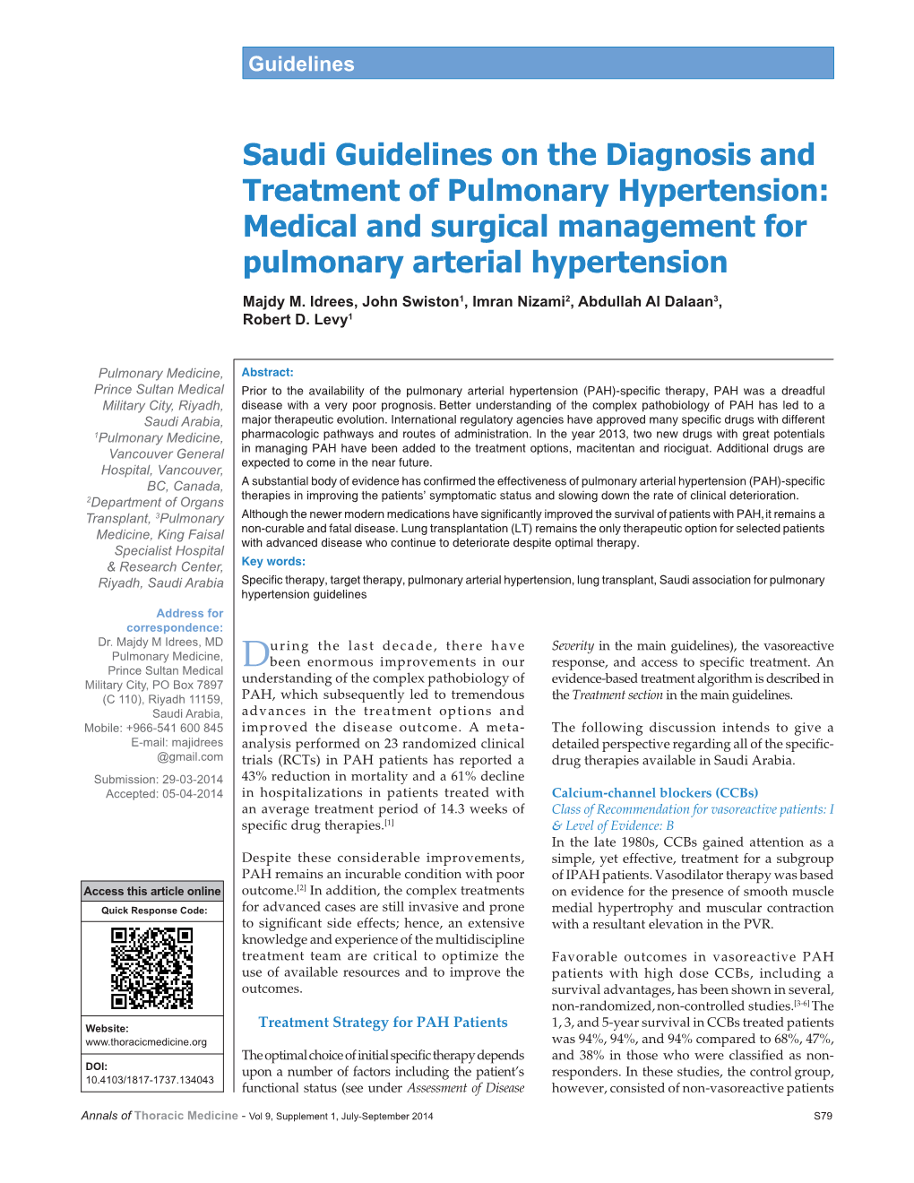 Saudi Guidelines on the Diagnosis and Treatment of Pulmonary Hypertension: Medical and Surgical Management for Pulmonary Arterial Hypertension