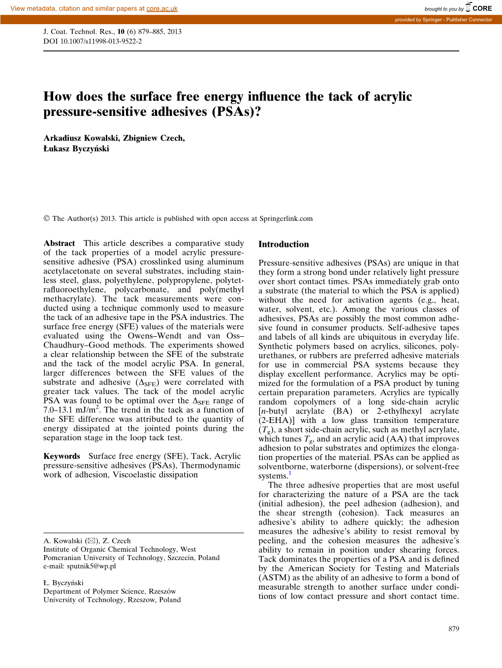 How Does the Surface Free Energy Influence the Tack of Acrylic