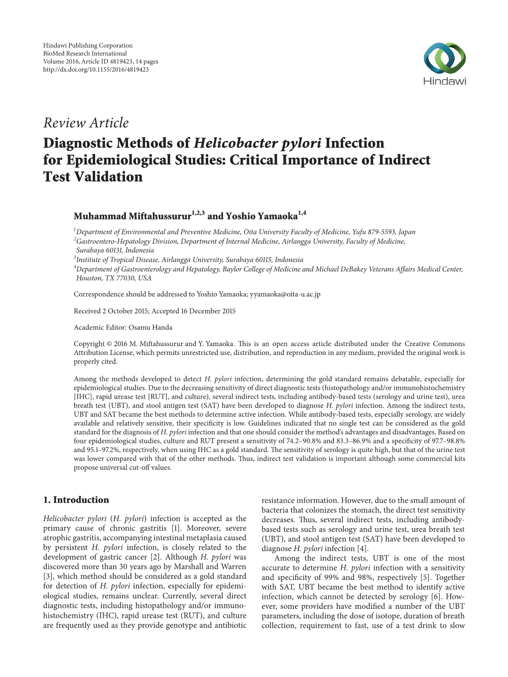Review Article Diagnostic Methods of Helicobacter Pylori Infection for Epidemiological Studies: Critical Importance of Indirect Test Validation