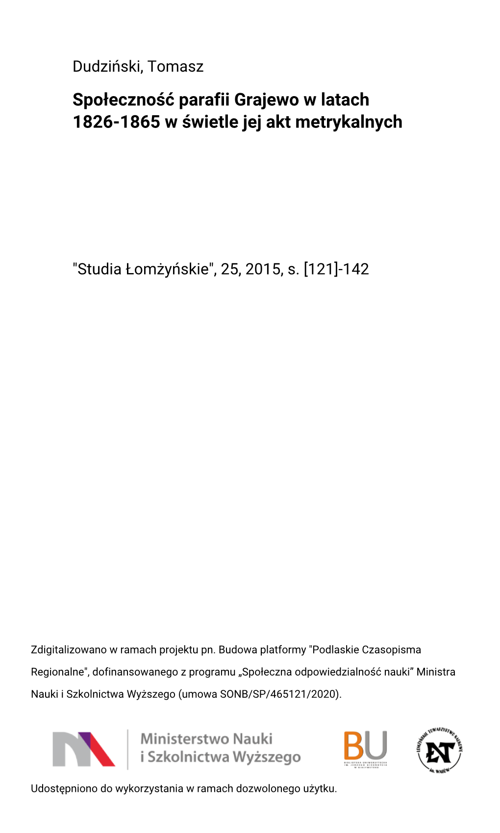 Społeczność Parafii Grajewo W Latach 1826-1865 W Świetle Jej Akt Metrykalnych