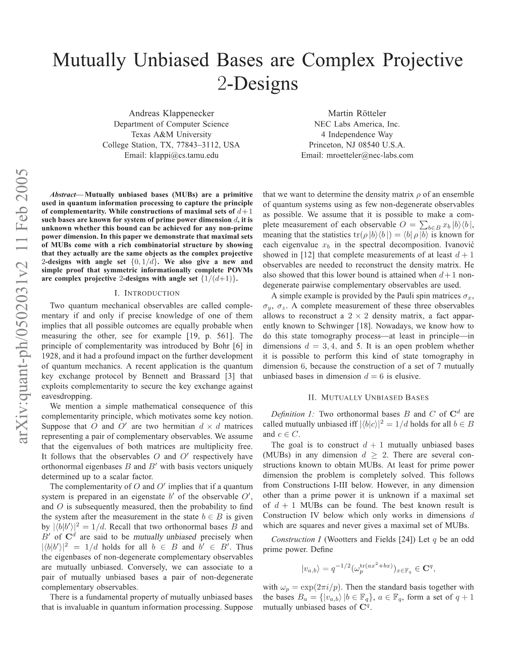 Mutually Unbiased Bases Are Complex Projective 2-Designs