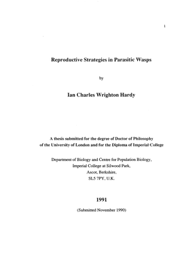 Reproductive Strategies in Parasitic Wasps Ian Charles Wrighton Hardy