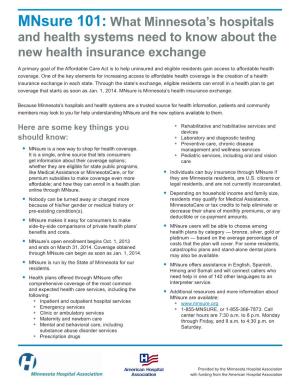 Mnsure 101: What Minnesota’S Hospitals and Health Systems Need to Know About the New Health Insurance Exchange