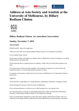Address at Asia Society and Asialink at the University of Melbourne, by Hillary Rodham Clinton