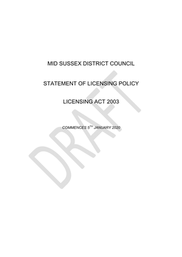 Mid Sussex District Council Statement of Licensing Policy Licensing Act 2003