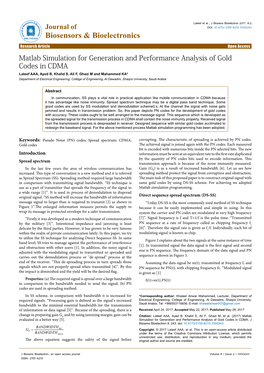 Matlab Simulation for Generation and Performance Analysis of Gold Codes in CDMA
