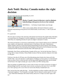 Jack Todd: Hockey Canada Makes the Right Decision