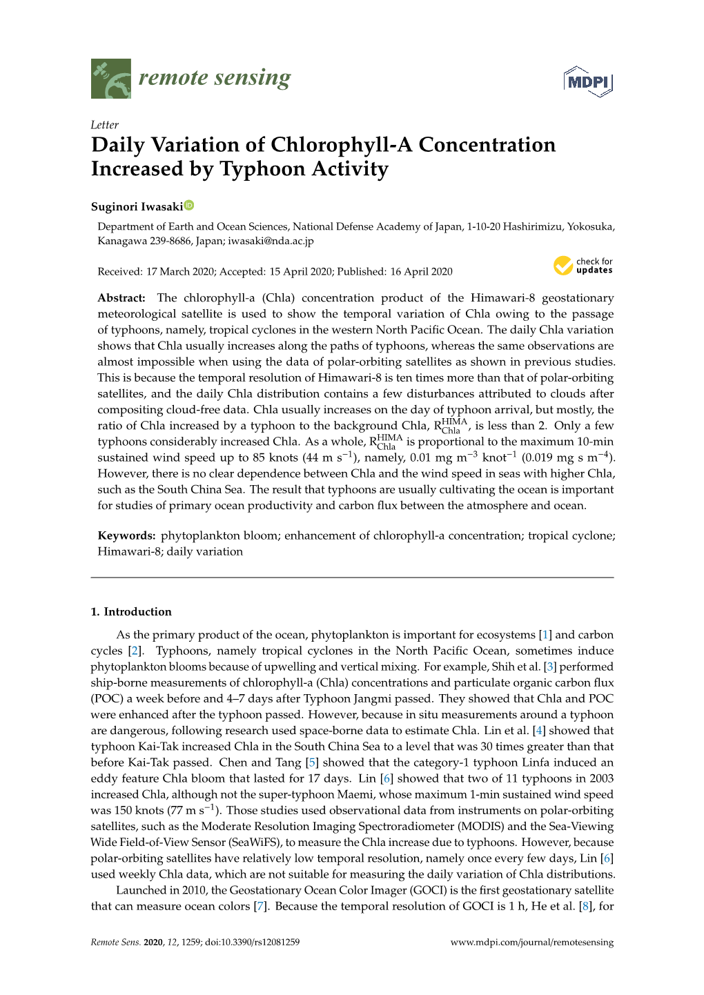 Daily Variation of Chlorophyll-A Concentration Increased by Typhoon Activity