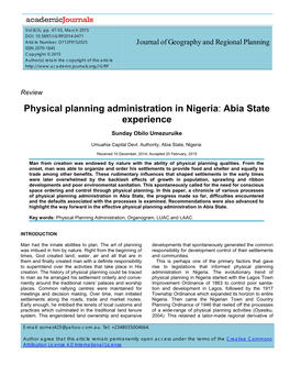 Physical Planning Administration in Nigeria: Abia State Experience