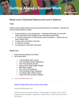 Media Level 3 Extended Diploma and Level 2 Diploma