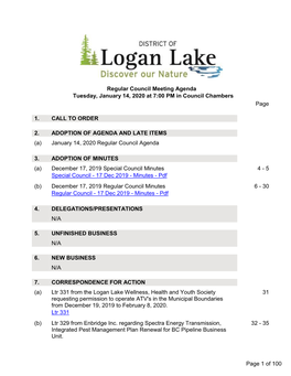 Regular Council Meeting Agenda Tuesday, January 14, 2020 at 7:00 PM in Council Chambers Page