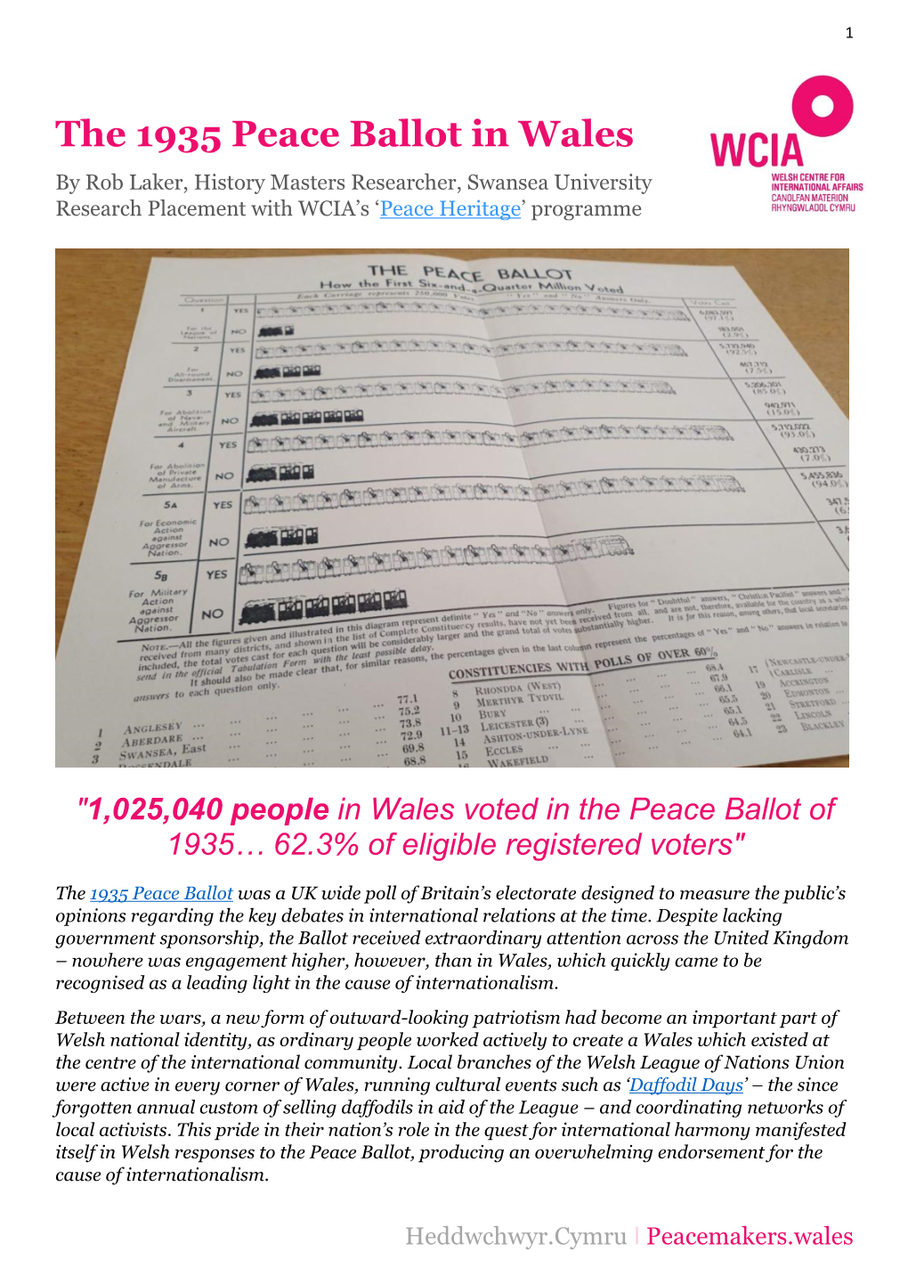 The 1935 Peace Ballot in Wales by Rob Laker, History Masters Researcher, Swansea University Research Placement with WCIA’S ‘Peace Heritage’ Programme
