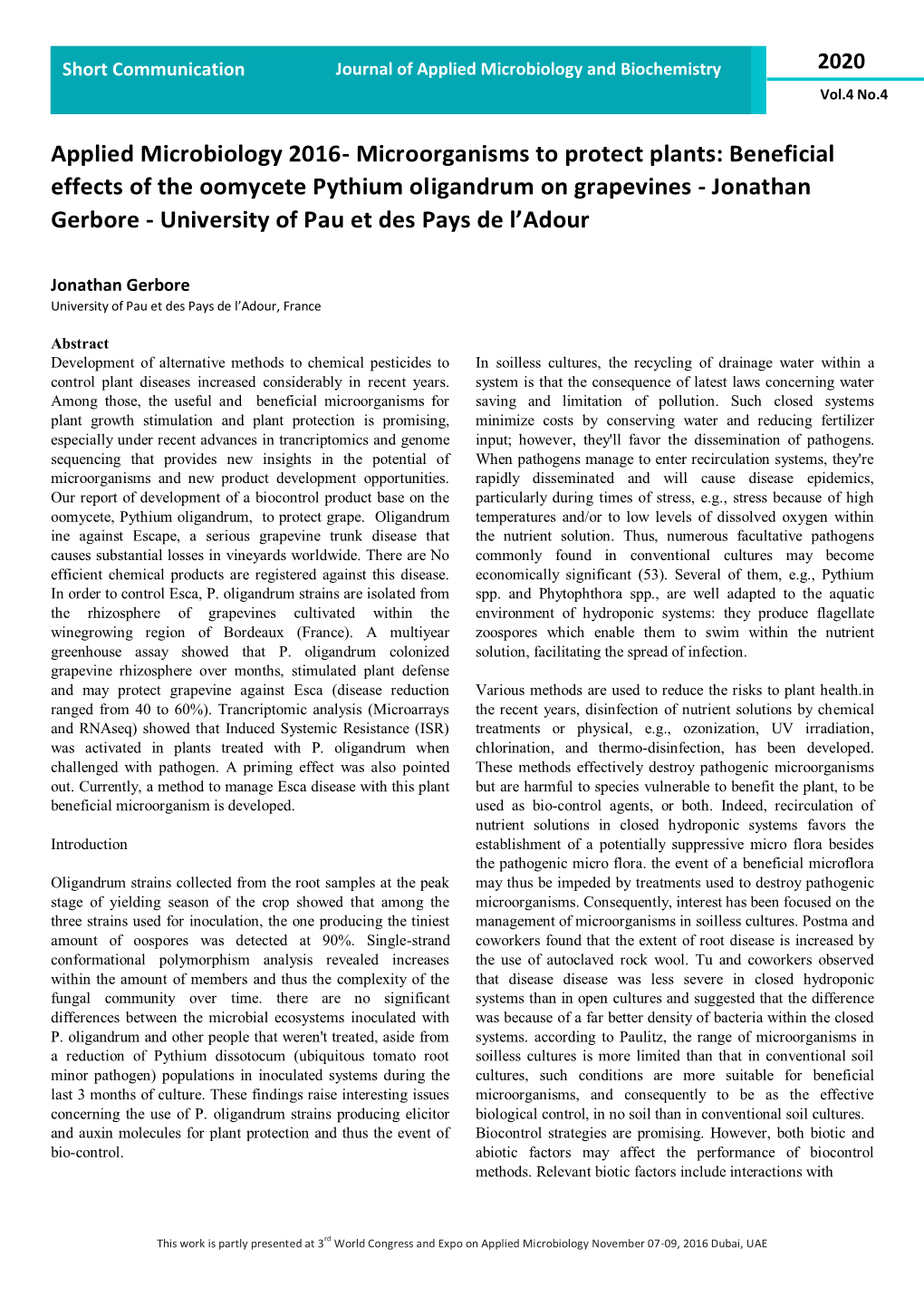 Beneficial Effects of the Oomycete Pythium Oligandrum on Grapevines - Jonathan Gerbore - University of Pau Et Des Pays De L’Adour