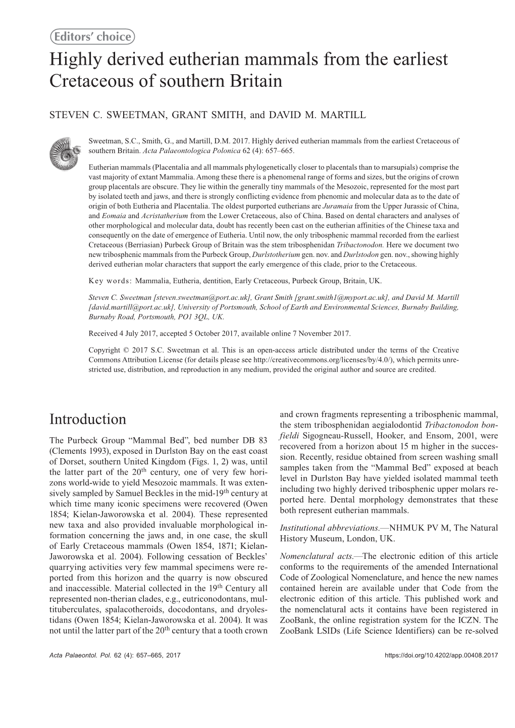 Highly Derived Eutherian Mammals from the Earliest Cretaceous of Southern Britain