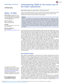 Underreporting COVID-19: the Curious Case of the Indian Subcontinent Cambridge.Org/Hyg