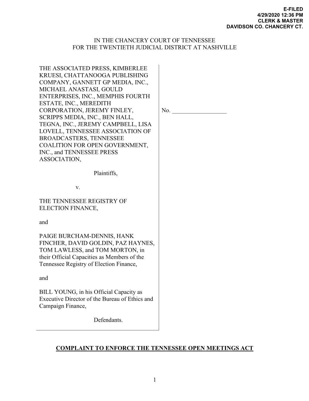 Filed a Lawsuit Against the Tennessee Registry of Election Finance