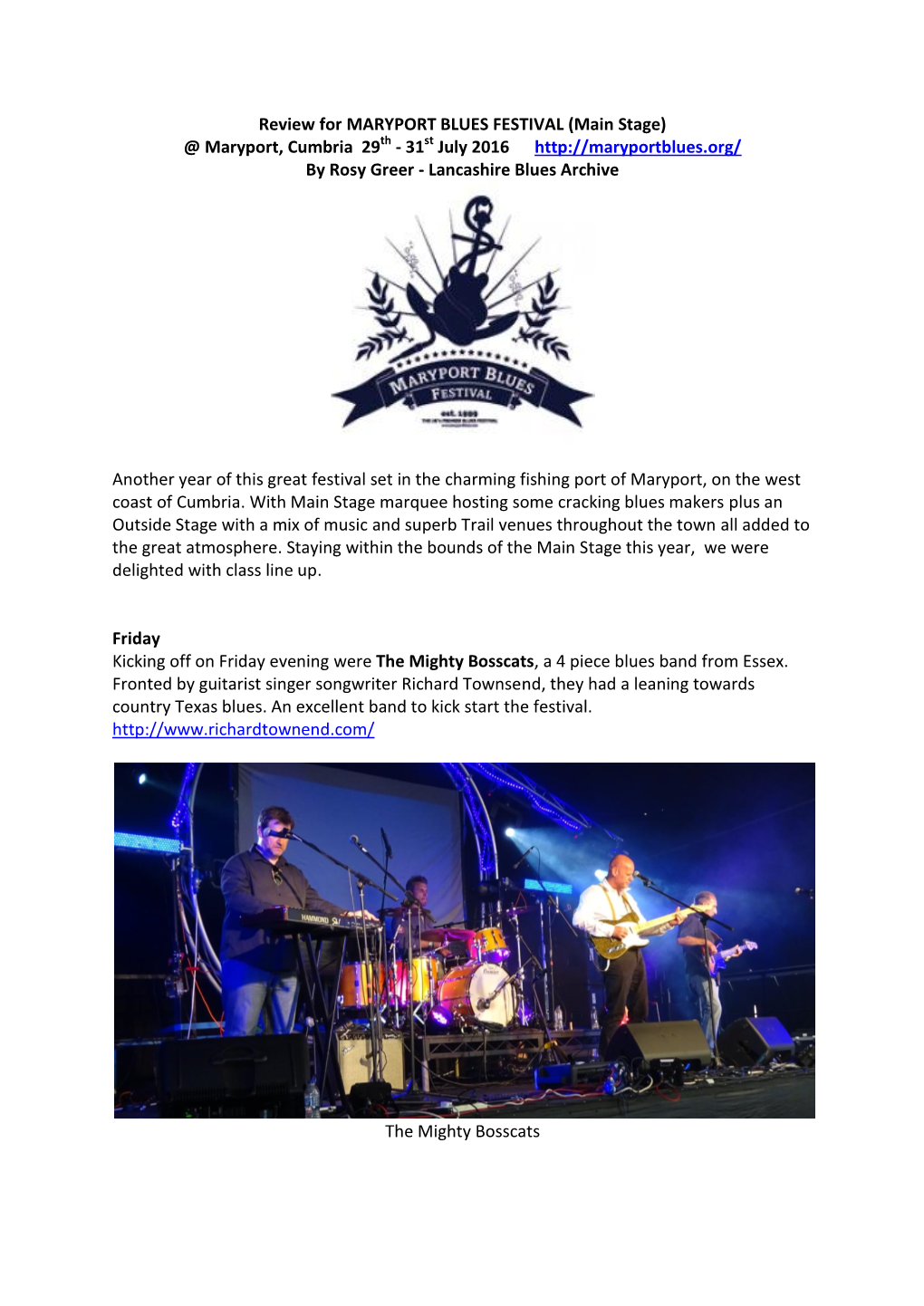 Review for MARYPORT BLUES FESTIVAL (Main Stage) @ Maryport, Cumbria 29Th - 31St July 2016 by Rosy Greer - Lancashire Blues Archive