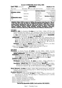 PATINA Stable U 18 Bay Mare (Branded : Nr Sh; 295 Over 4 Off Sh) Foaled in 2004
