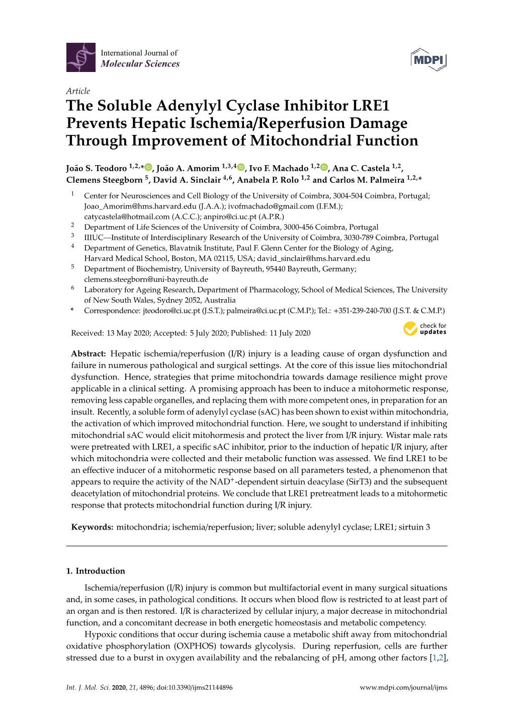 The Soluble Adenylyl Cyclase Inhibitor LRE1 Prevents Hepatic Ischemia/Reperfusion Damage Through Improvement of Mitochondrial Function