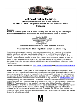 Notice of Public Hearings Washington Metropolitan Area Transit Authority Docket B15-03: Proposed Metrobus Service and Tariff Changes