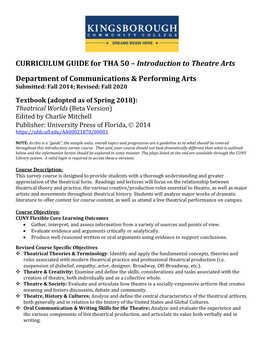 CURRICULUM GUIDE for THA 50 – Introduction to Theatre Arts