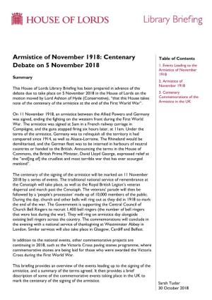 Armistice of November 1918: Centenary Table of Contents Debate on 5 November 2018 1