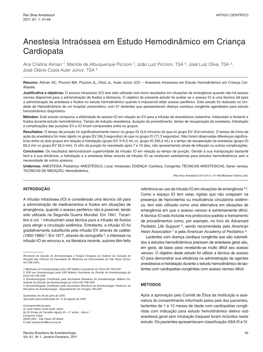 Intraosseous Anesthesia in Hemodynamic Studies in Children with Cardiopathy