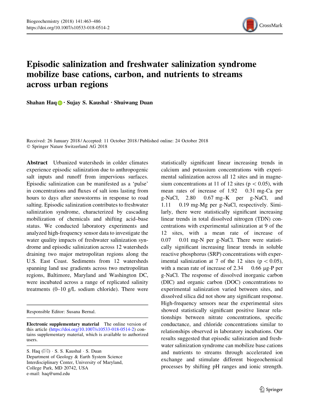 Episodic Salinization and Freshwater Salinization Syndrome Mobilize Base Cations, Carbon, and Nutrients to Streams Across Urban Regions