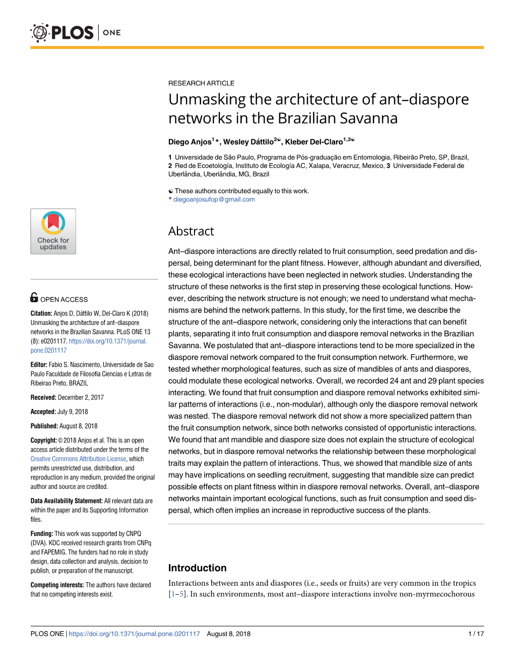 Diaspore Networks in the Brazilian Savanna