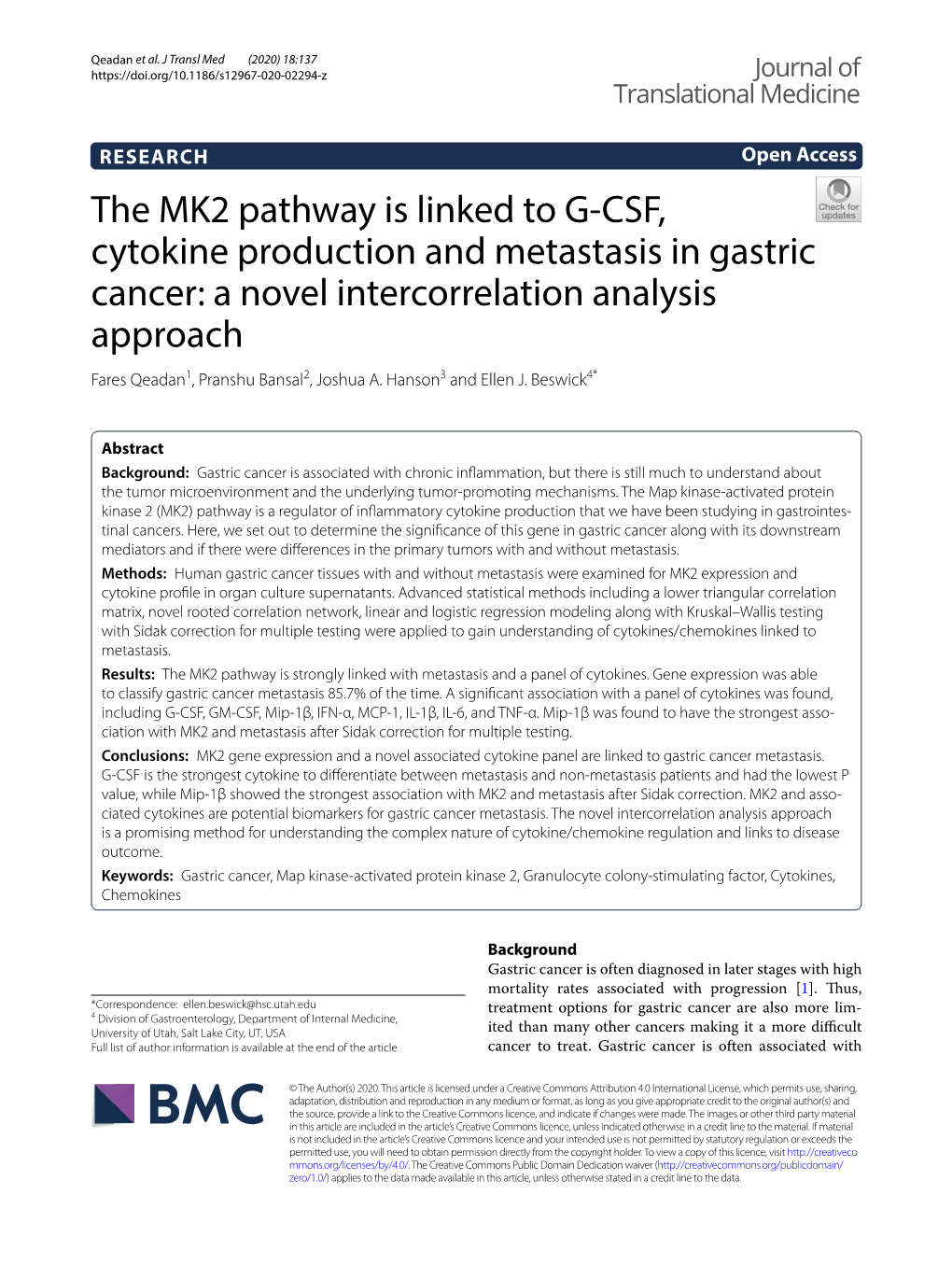 The MK2 Pathway Is Linked to G-CSF, Cytokine Production and Metastasis