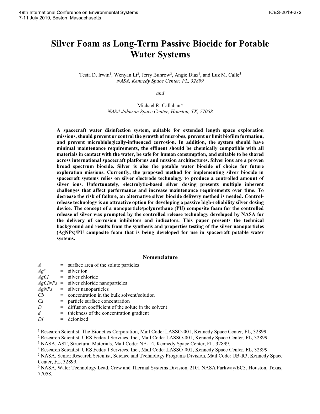 Silver Foam As Long-Term Passive Biocide for Potable Water Systems