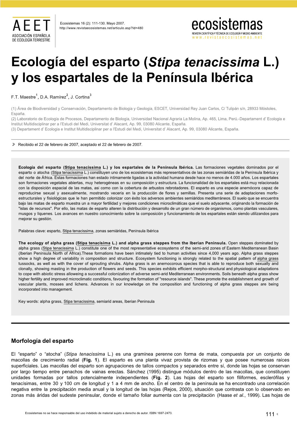 (Stipa Tenacissima L.) Y Los Espartales De La Península Ibérica