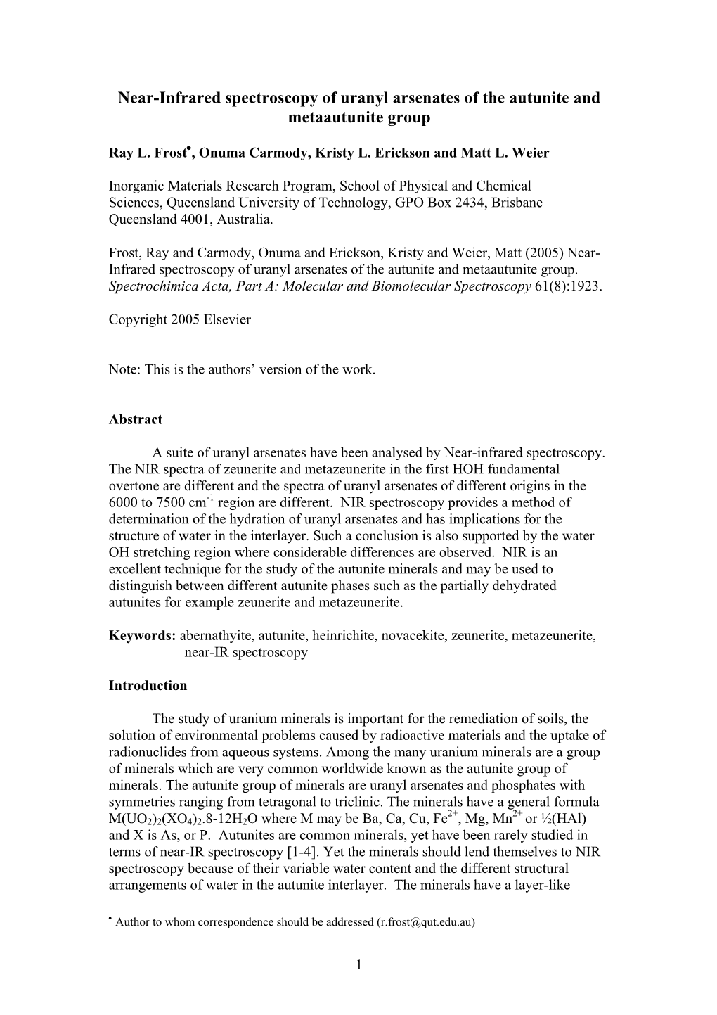 Near-Infrared Spectroscopy of Uranyl Arsenates of the Autunite and Metaautunite Group