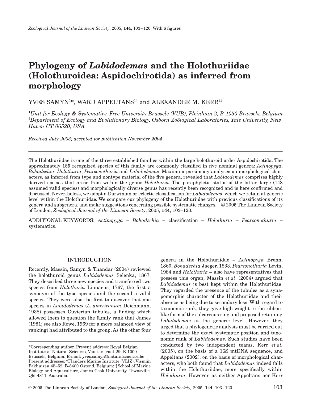 Phylogeny of Labidodemas and the Holothuriidae (Holothuroidea: Aspidochirotida) As Inferred from Morphology