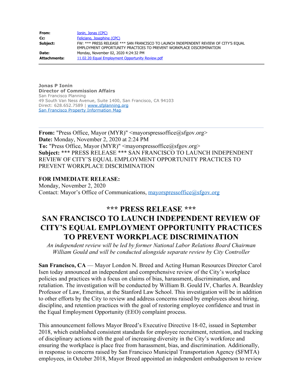 *** Press Release *** San Francisco to Launch Independent Review of City's Equal Employment Opportunity Practices to Prevent W