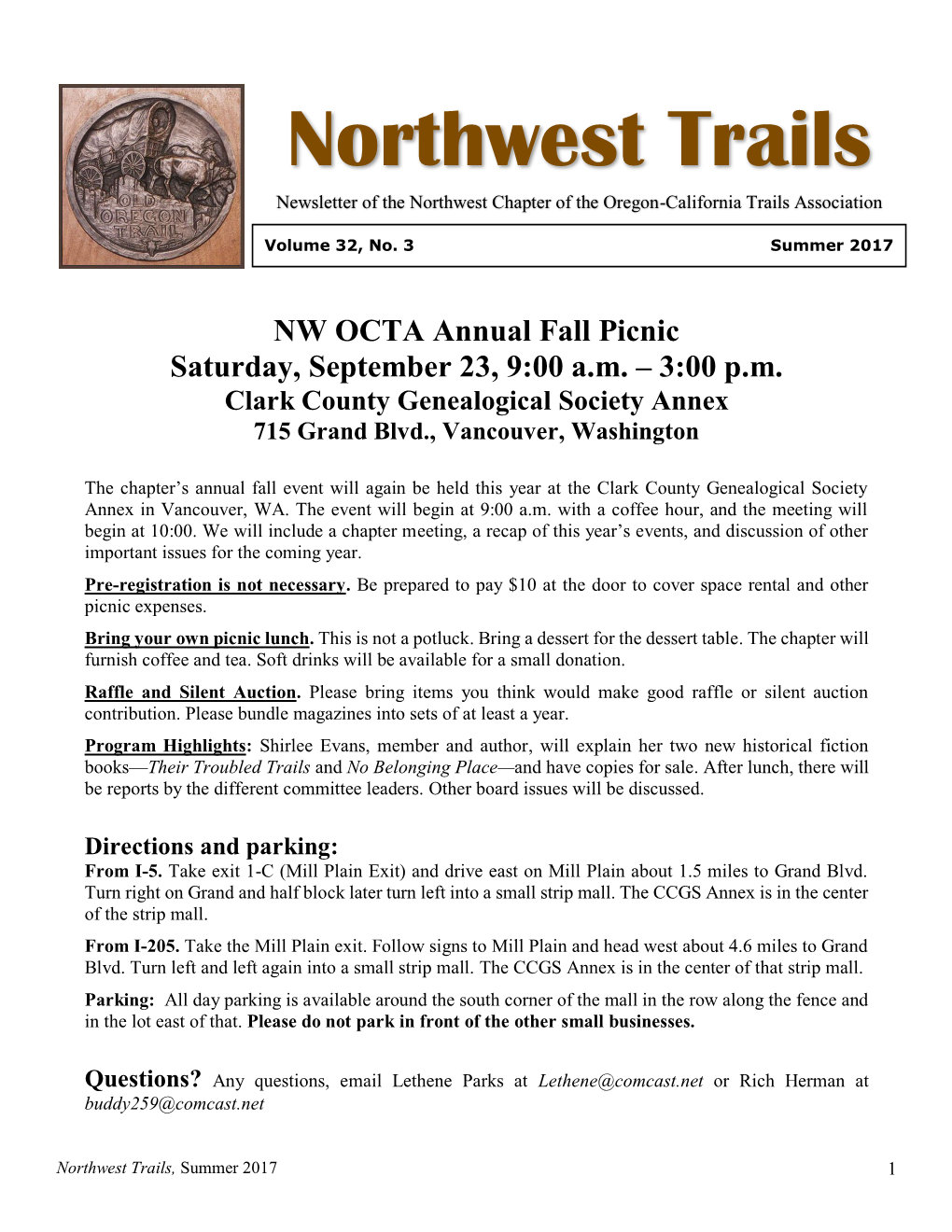 Northwest Trails Newsletter of the Northwest Chapter of the Oregon-California Trails Association