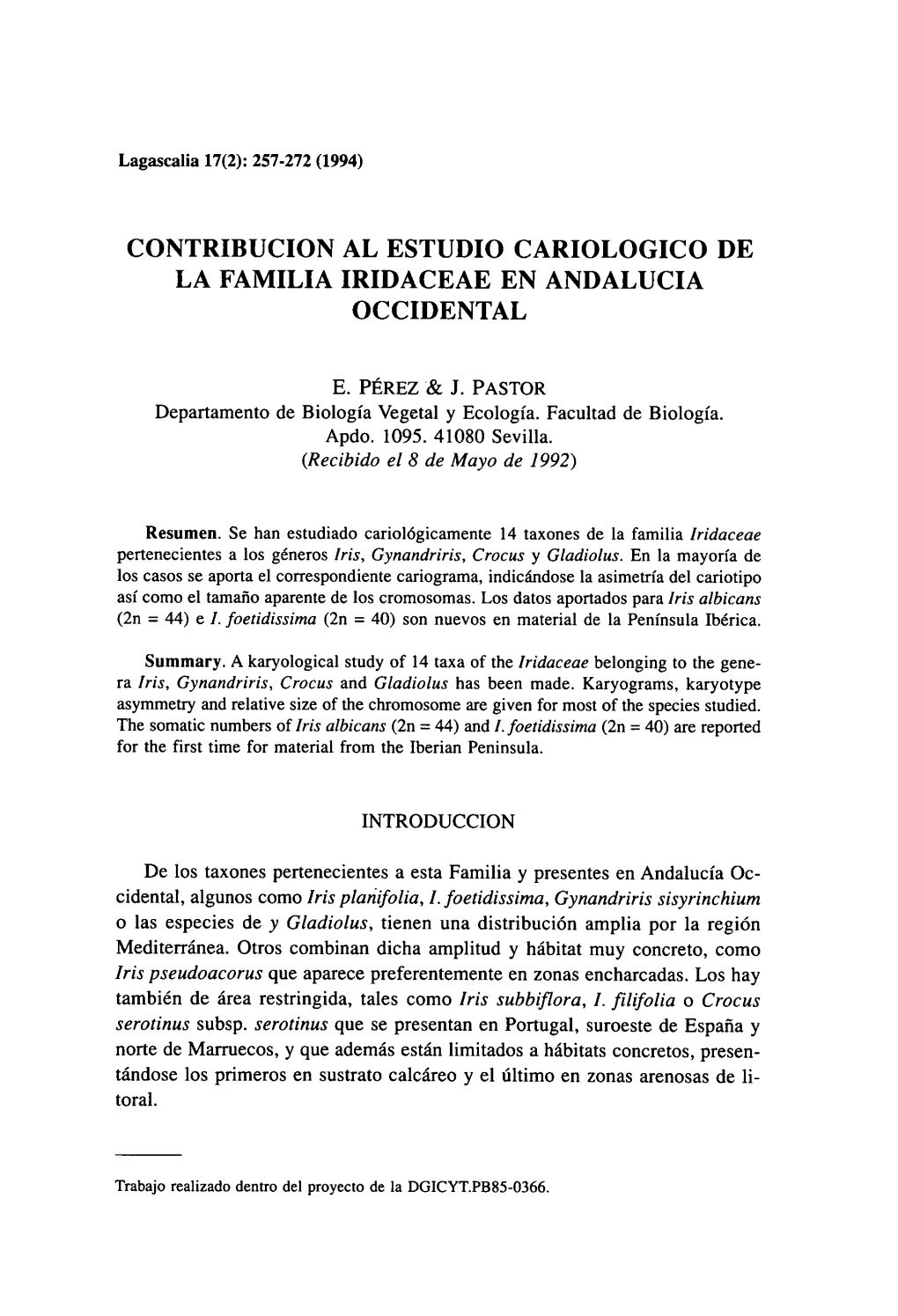 Contribucion Al Estudio Cariologico De La Familia Iridaceae En Andalucia Occidental