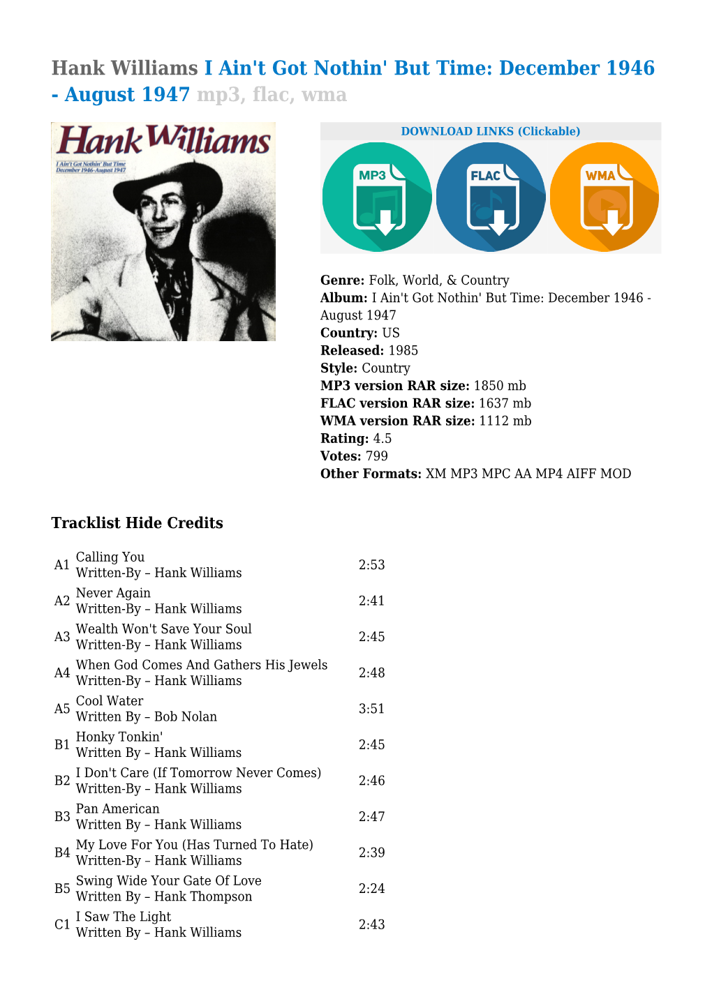 Hank Williams I Ain't Got Nothin' but Time: December 1946 - August 1947 Mp3, Flac, Wma