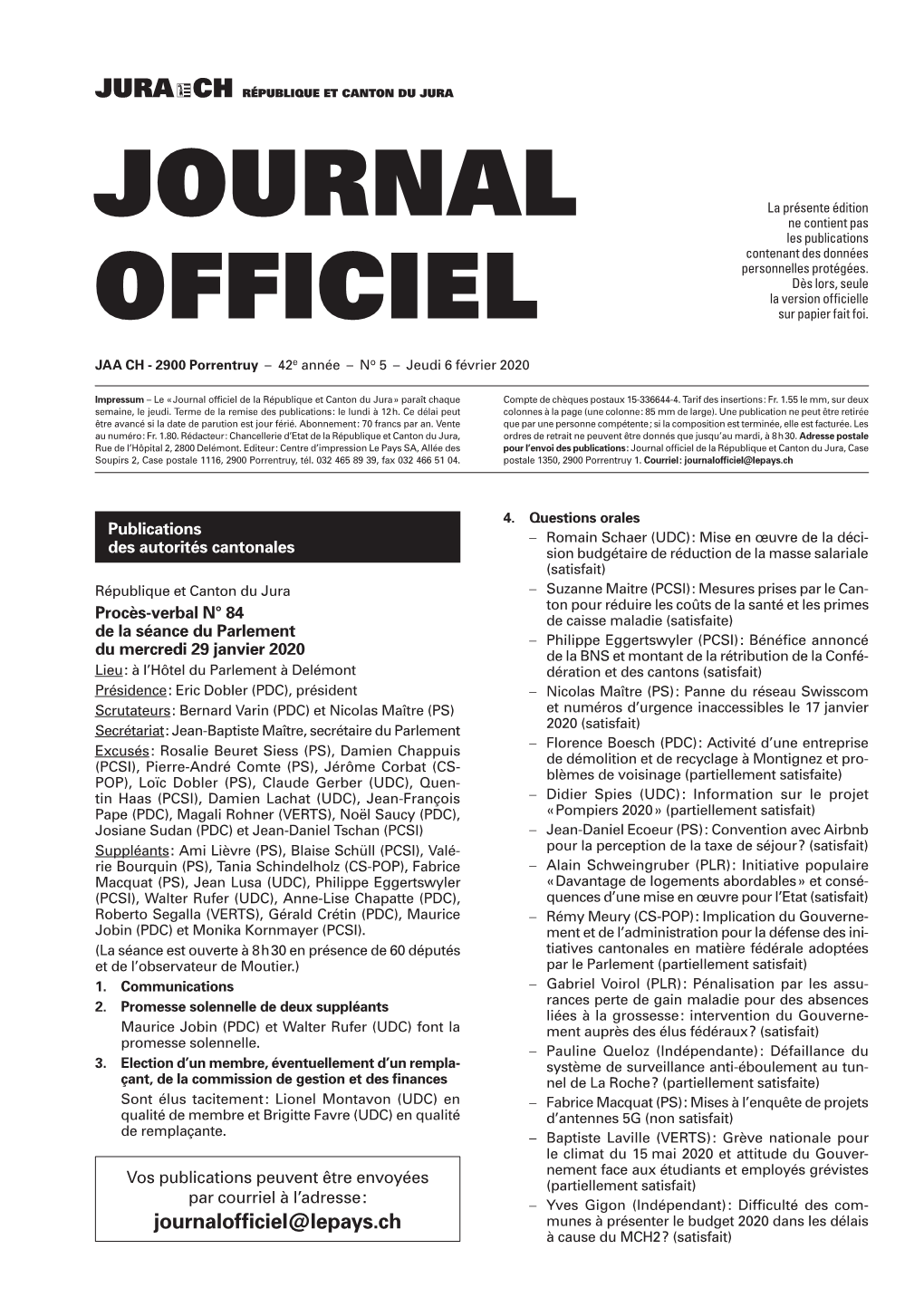 Journal Officiel De La République Et Canton Du Jura » Paraît Chaque Compte De Chèques Postaux 15-336644-4