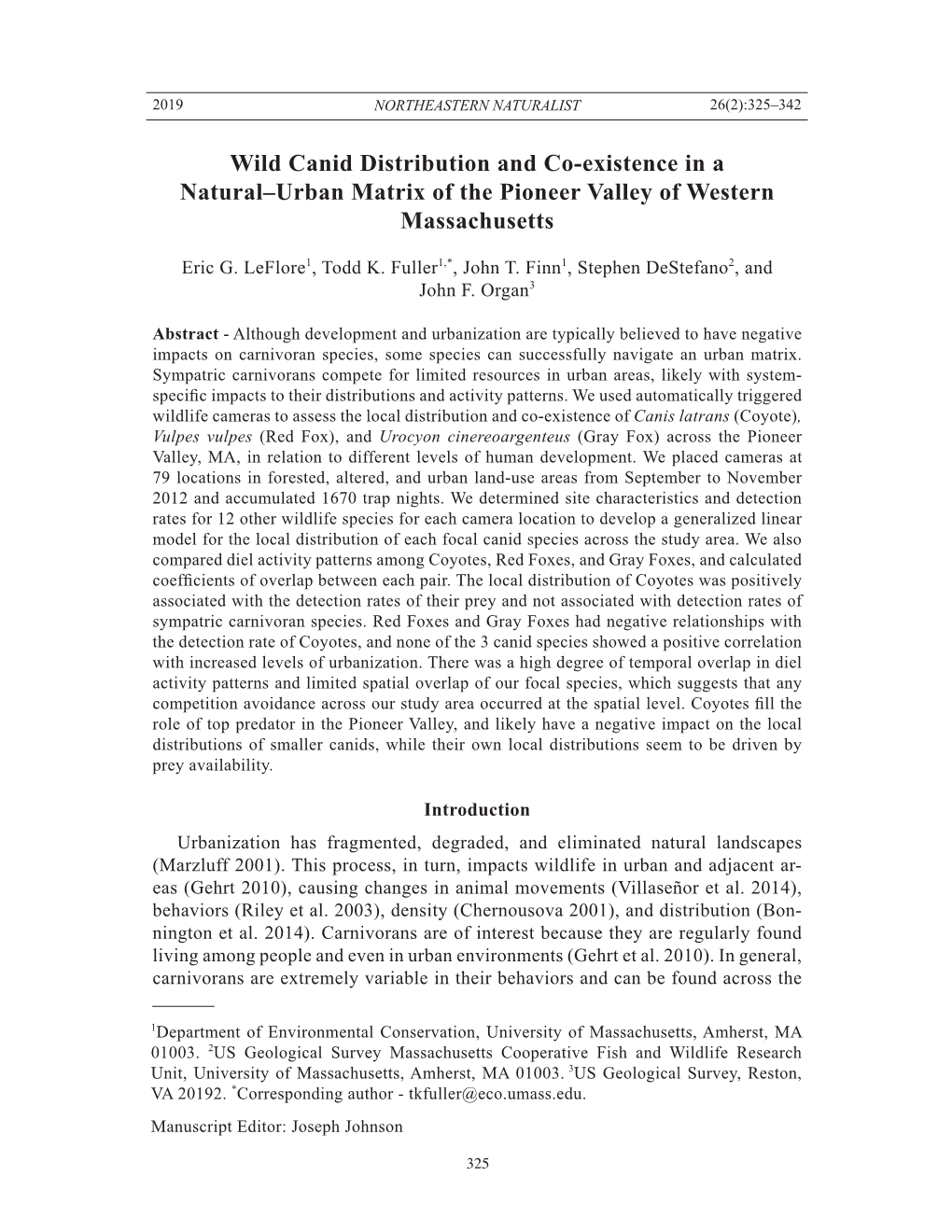 Wild Canid Distribution and Co-Existence in a Natural–Urban Matrix of the Pioneer Valley of Western Massachusetts