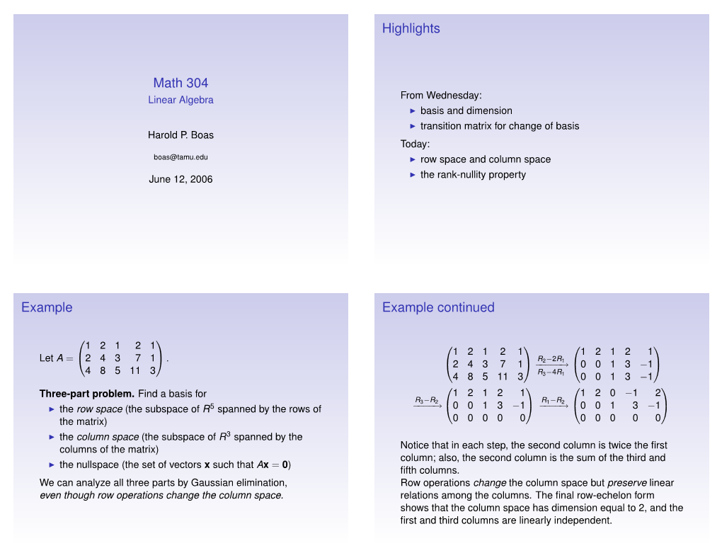 Math 304 Linear Algebra from Wednesday: I Basis and Dimension